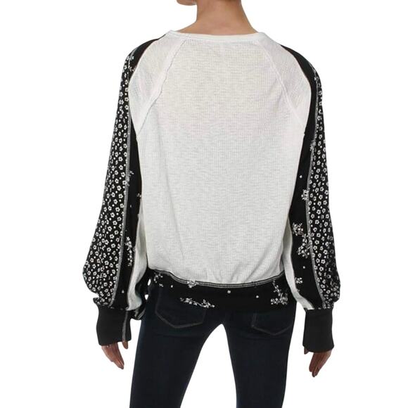 Free People Auxton Thermal Waffle Knit Wrap Top Medium Colorblock Floral Boho - Picture 2 of 10